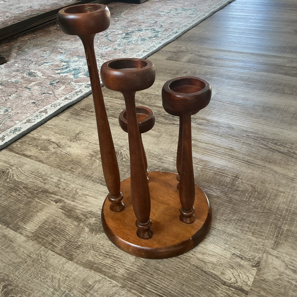 VTG Mid Century Modern 5 Light Hand Turned Wood Candelabra Candleholder 15" Tall